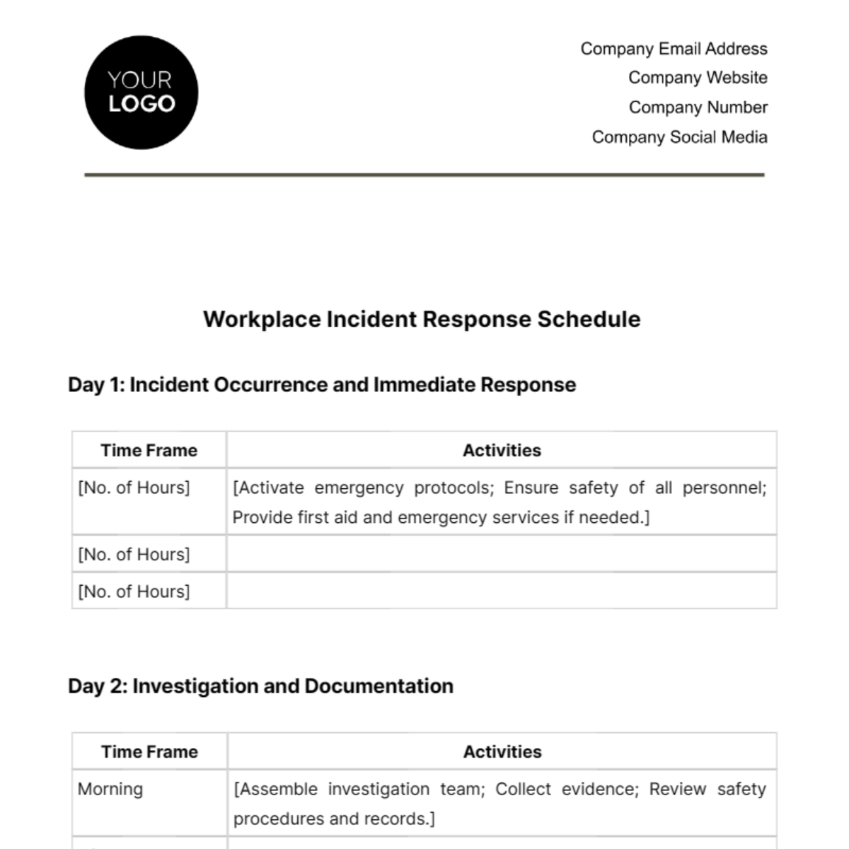 Workplace Incident Response Schedule Template