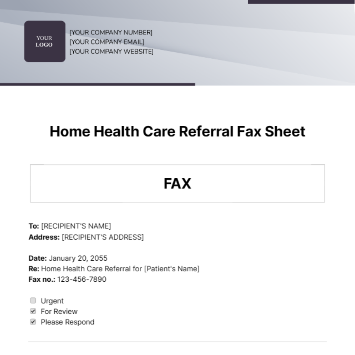 Home Health Care Referral Fax Sheet Template