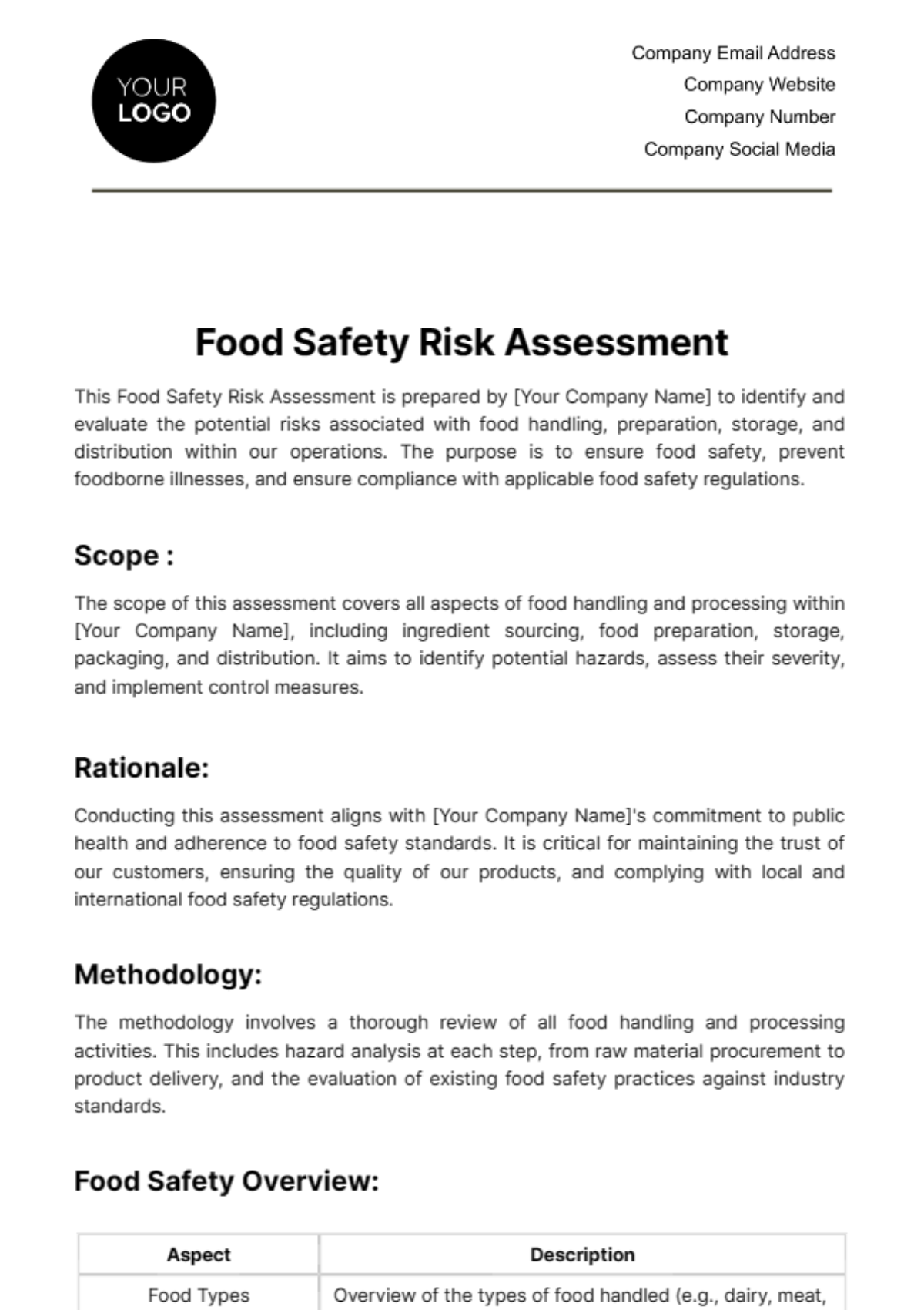 Food Safety Risk Assessment Template - Edit Online & Download