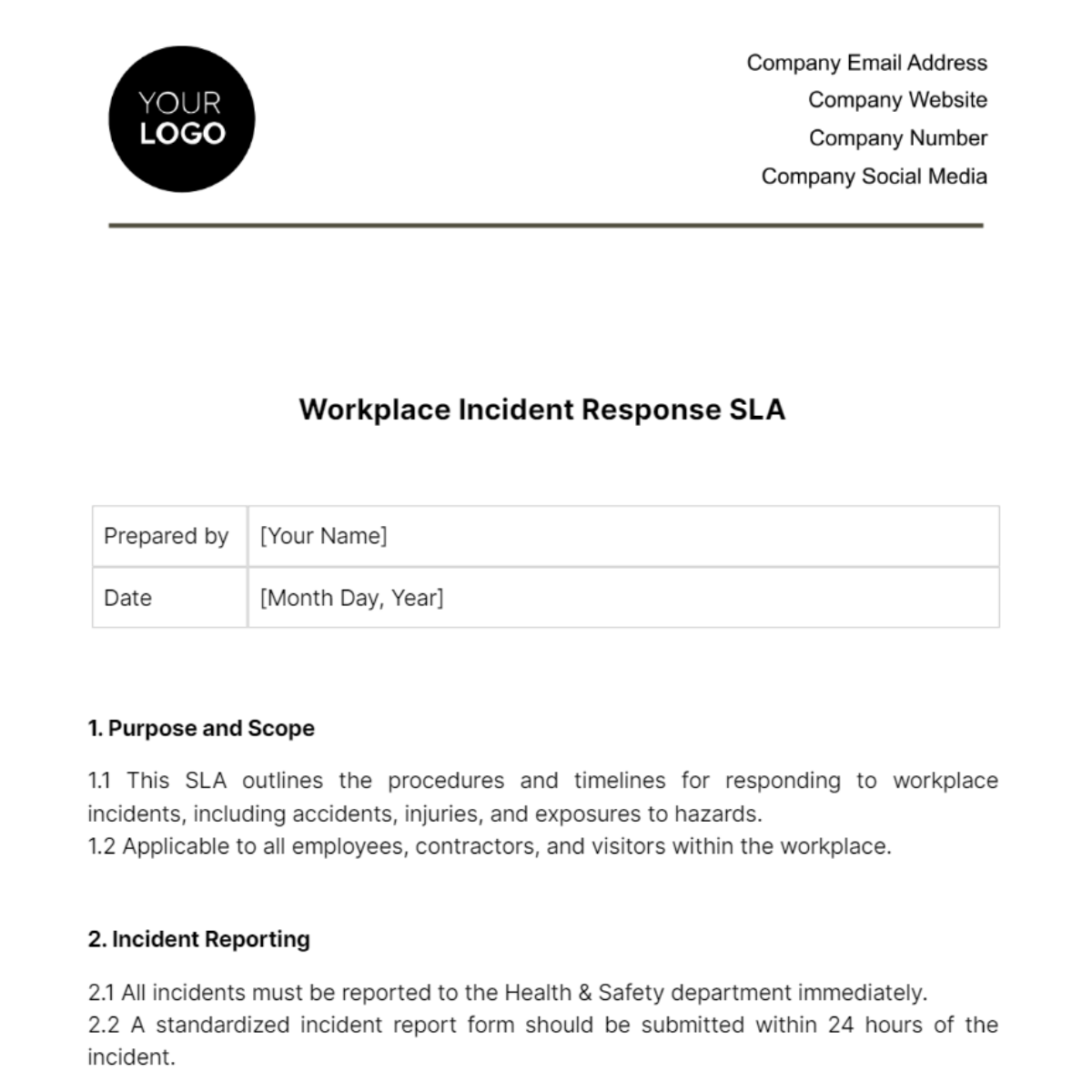 Workplace Incident Response SLA Template