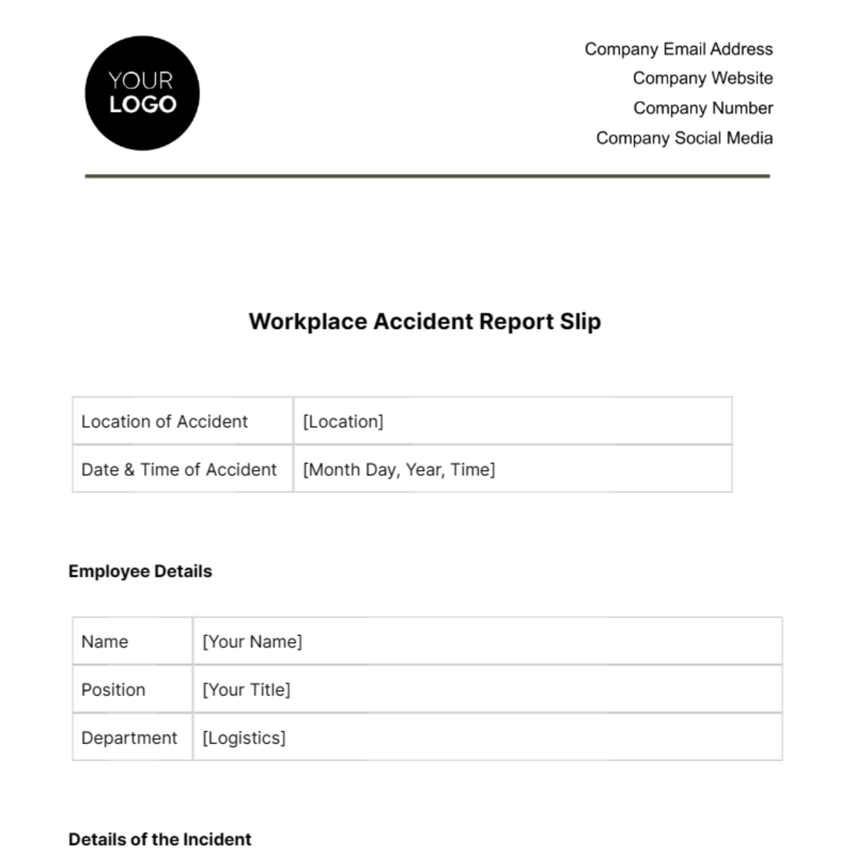 Workplace Accident Report Slip Template