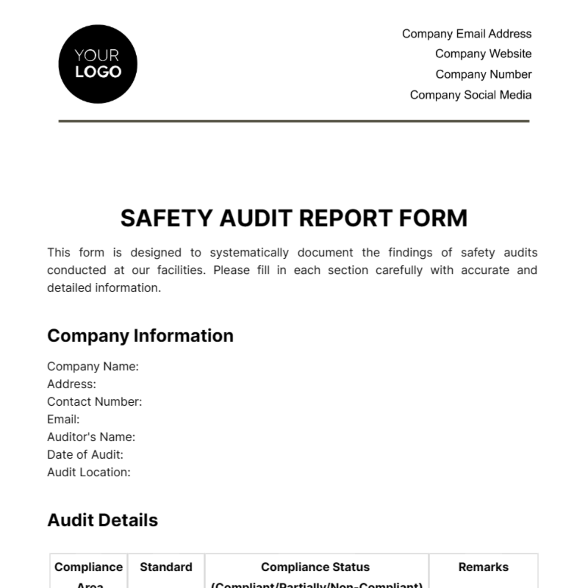 Safety Audit Report Form Template