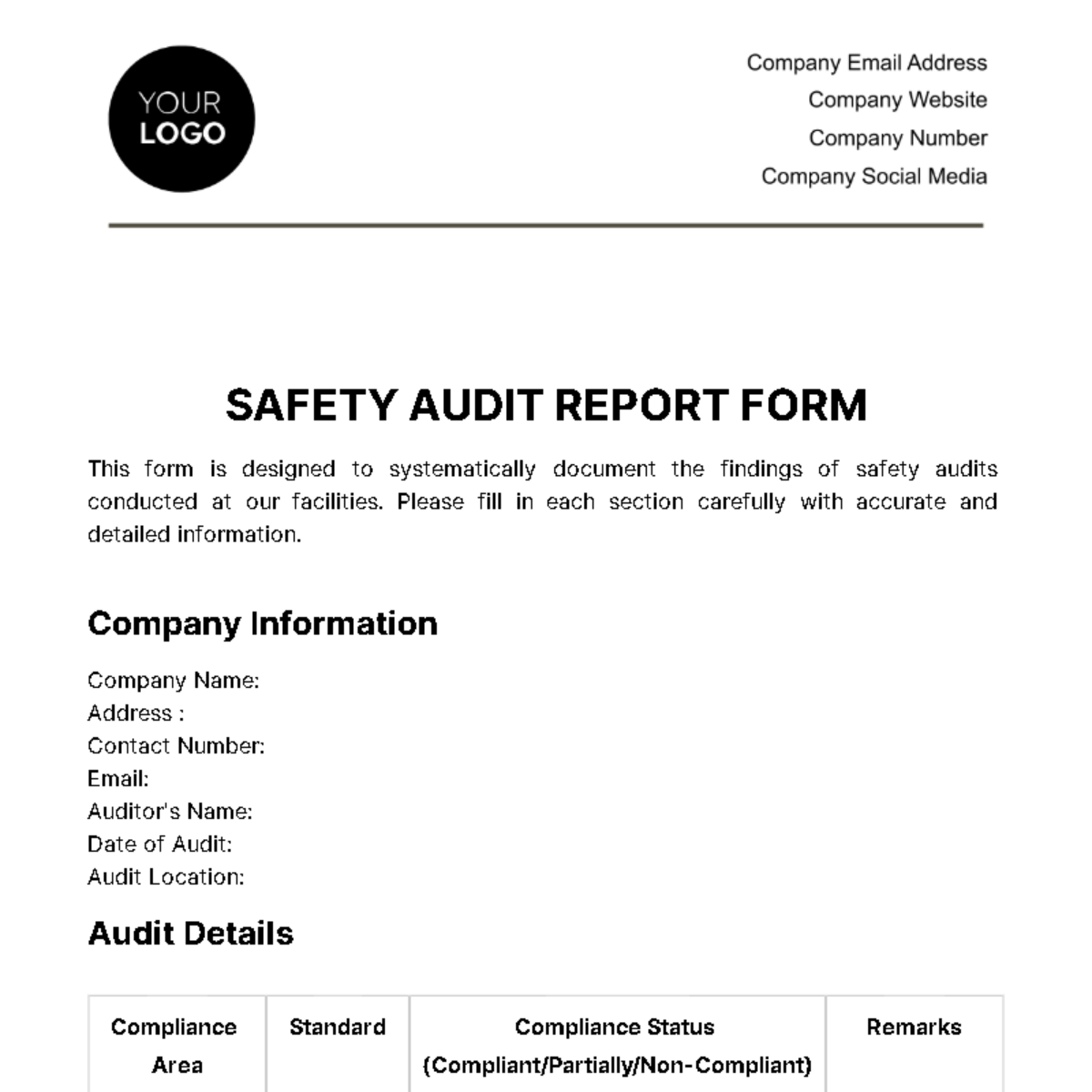 Free Safety Audit Report Form Template