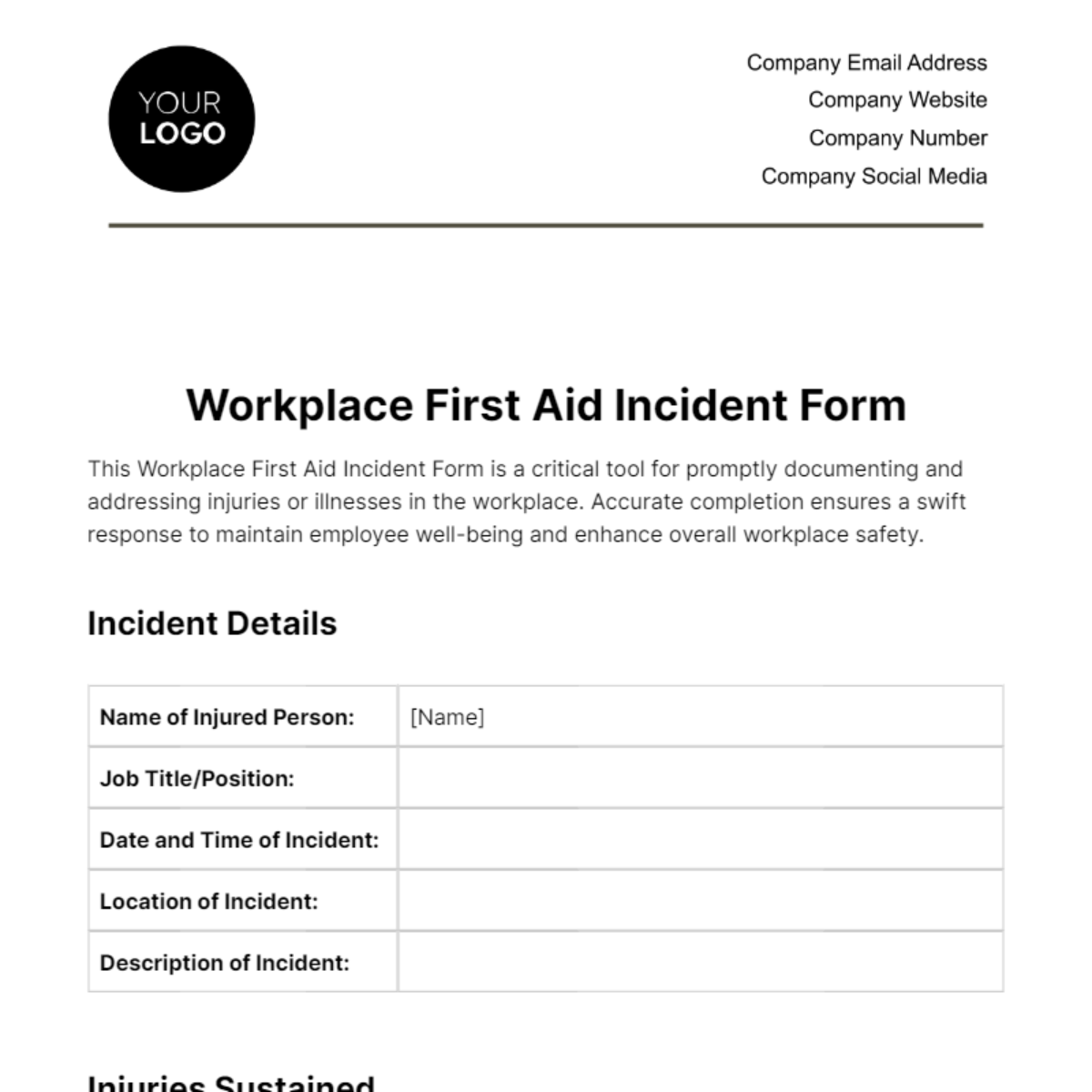 Free Workplace First Aid Incident Form Template