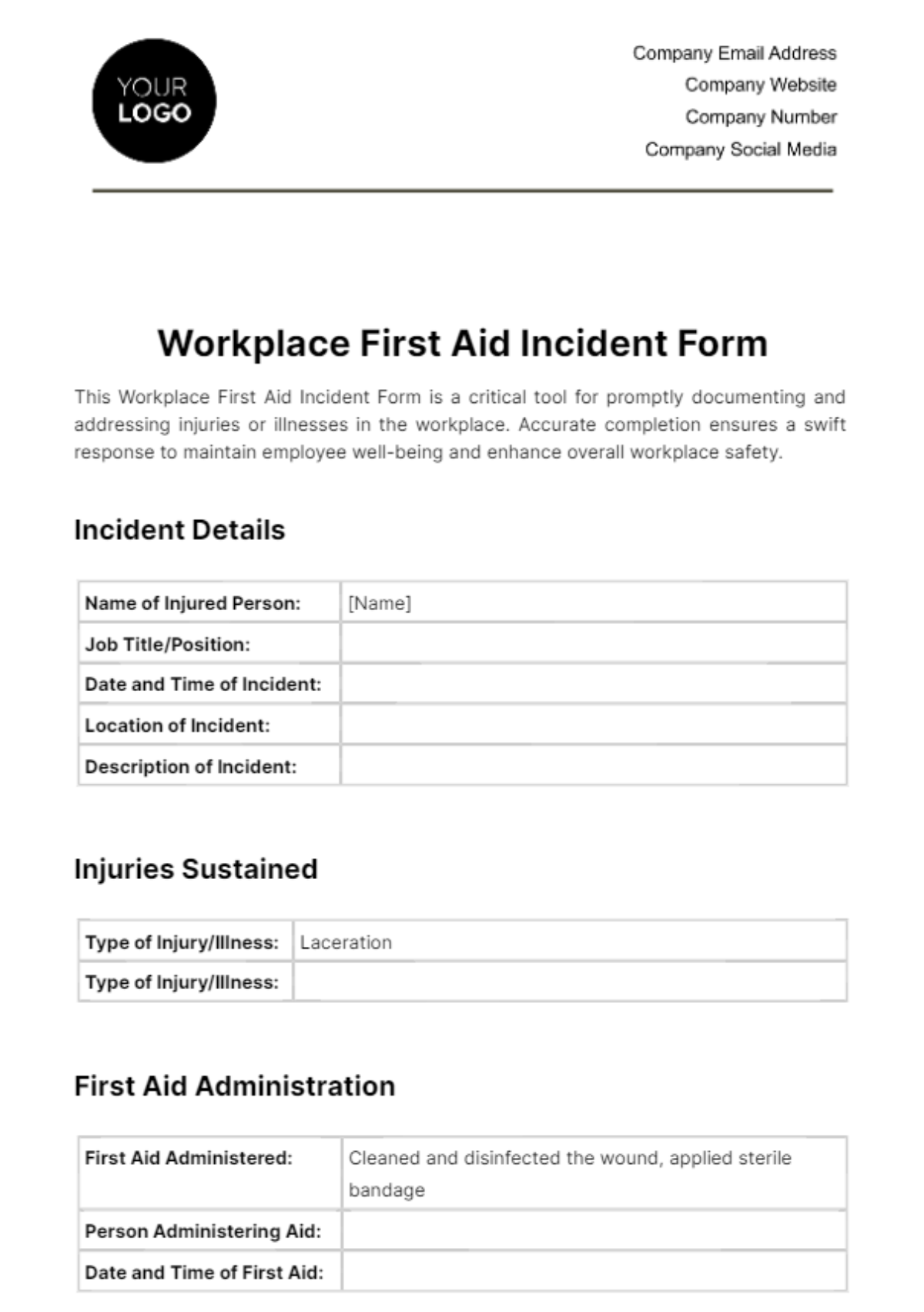 Workplace First Aid Incident Form Template