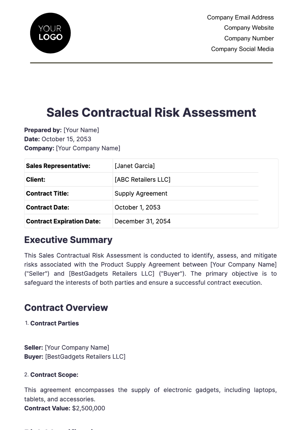 Sales Contractual Risk Assessment Template - Edit Online & Download