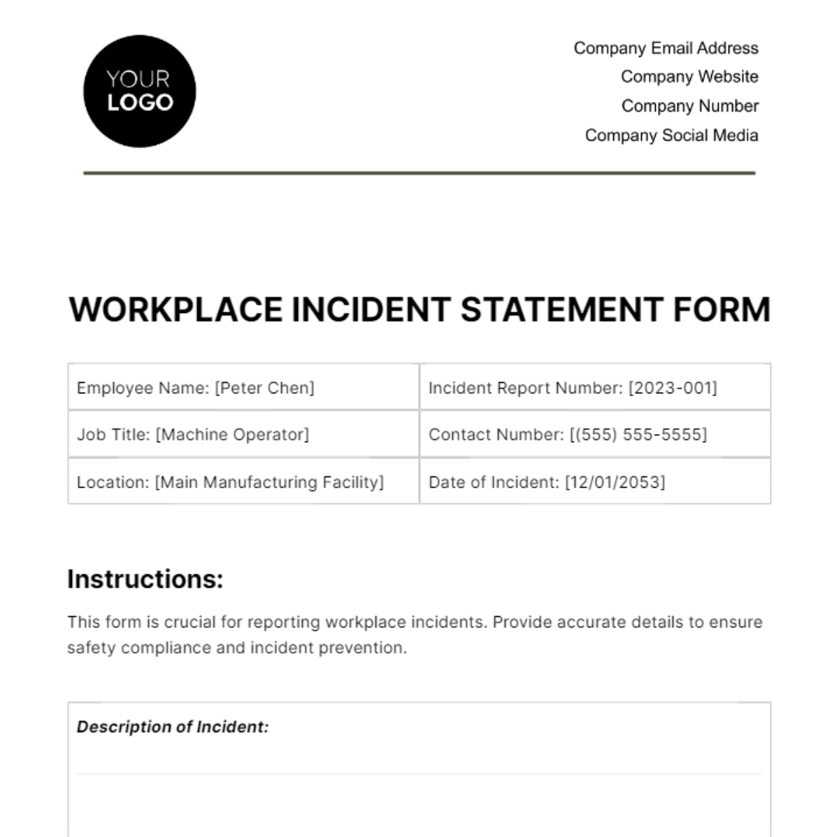 Free Workplace Incident Statement Form Template