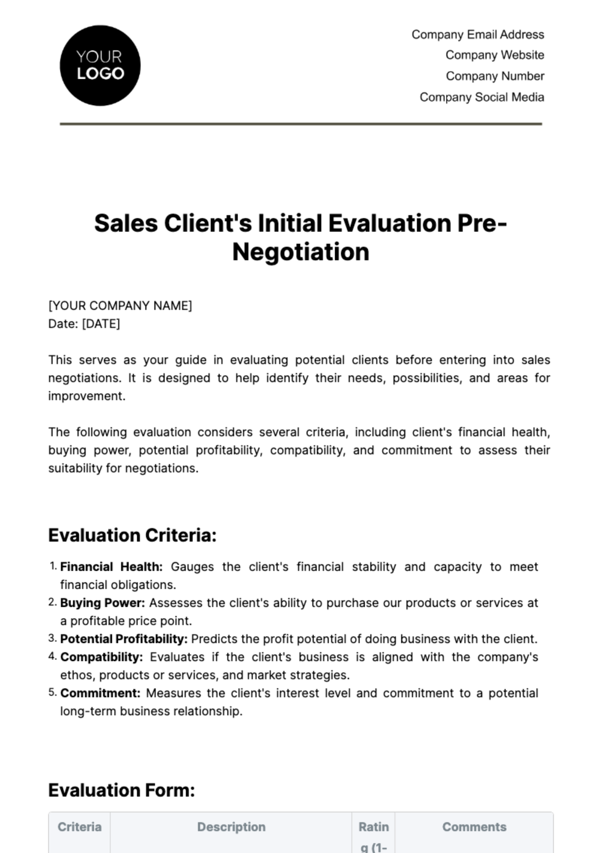 Free Sales Client's Initial Evaluation Pre-Negotiation Template