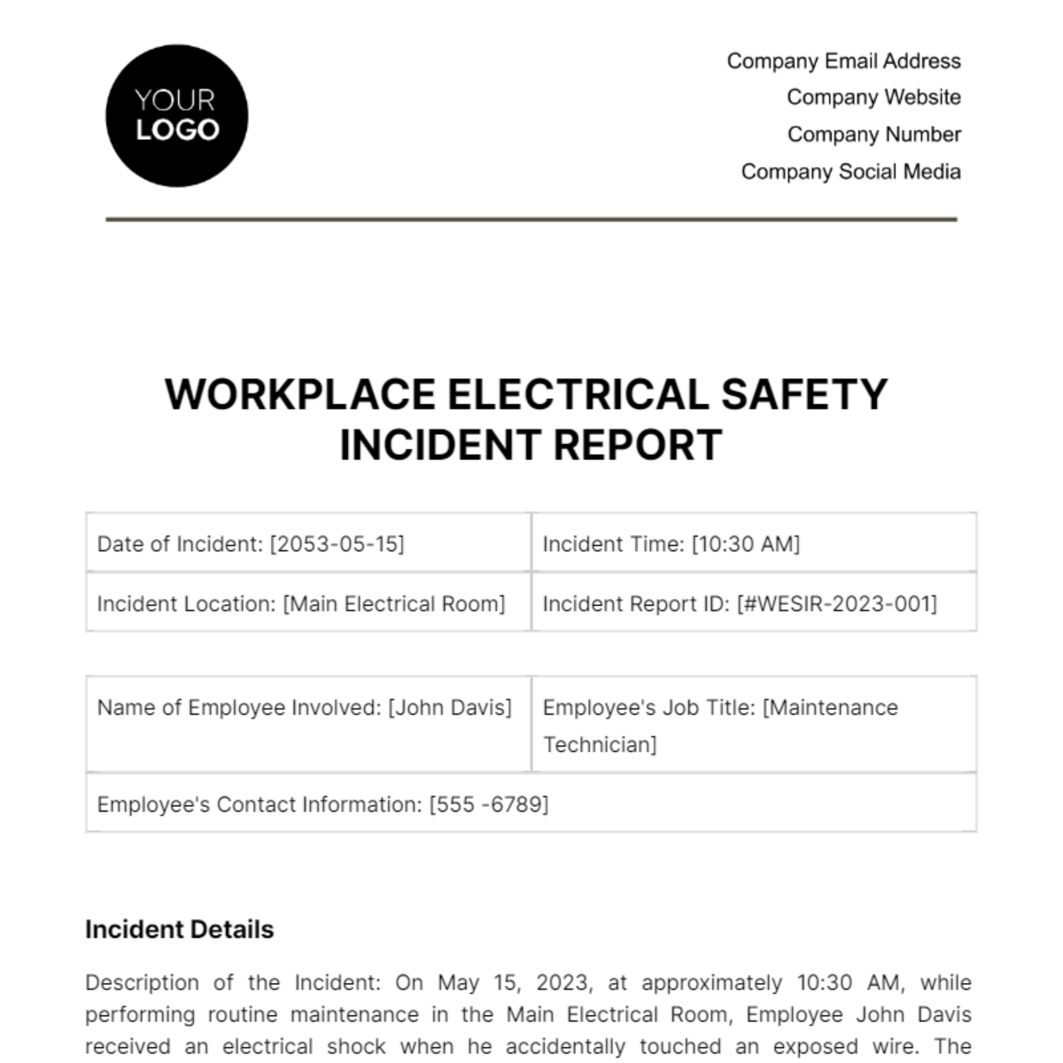 Free Workplace Electrical Safety Incident Report Template