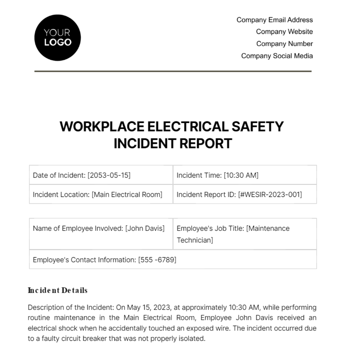 Workplace Electrical Safety Incident Report Template - Edit Online & Download