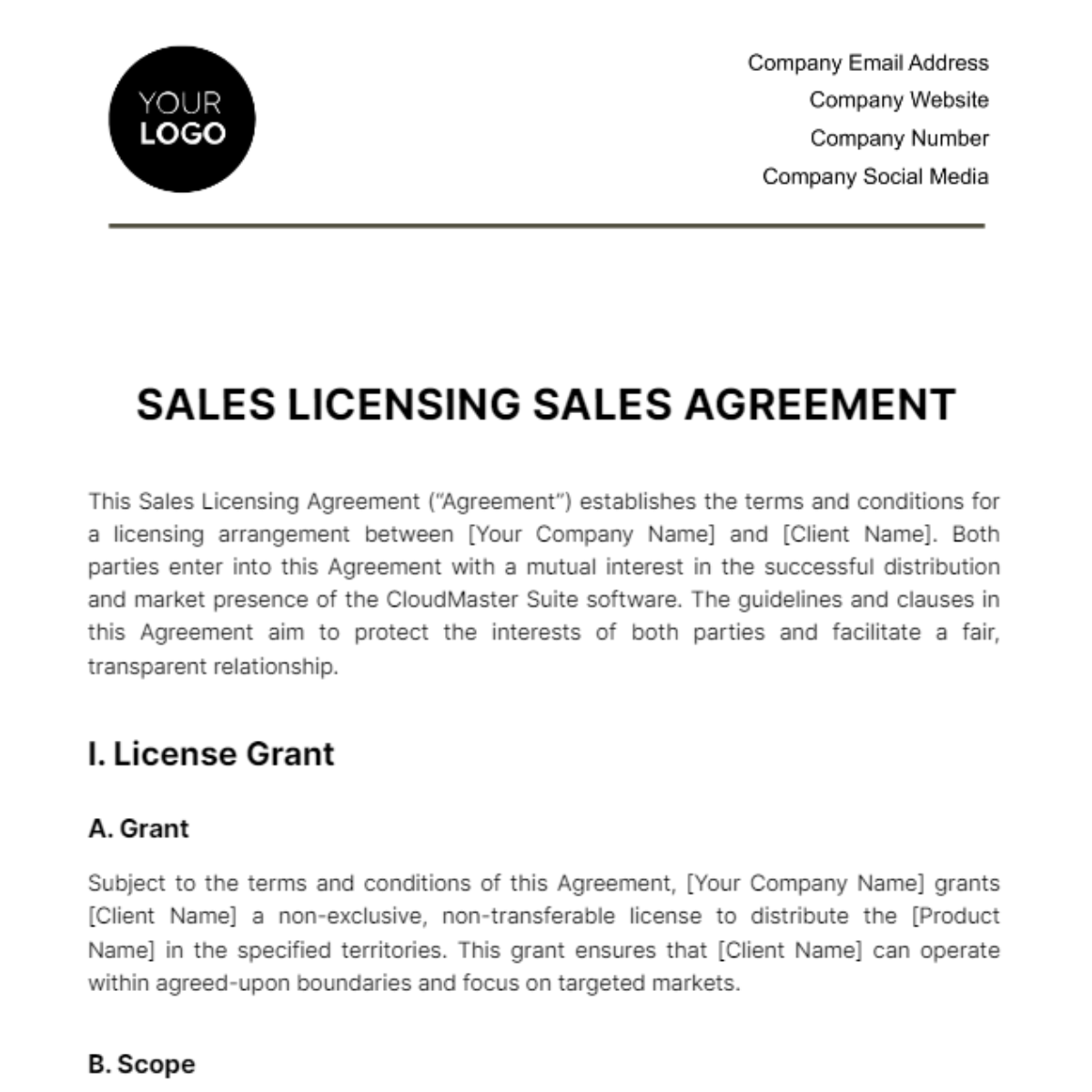 Free Sales Licensing Sales Agreement Template