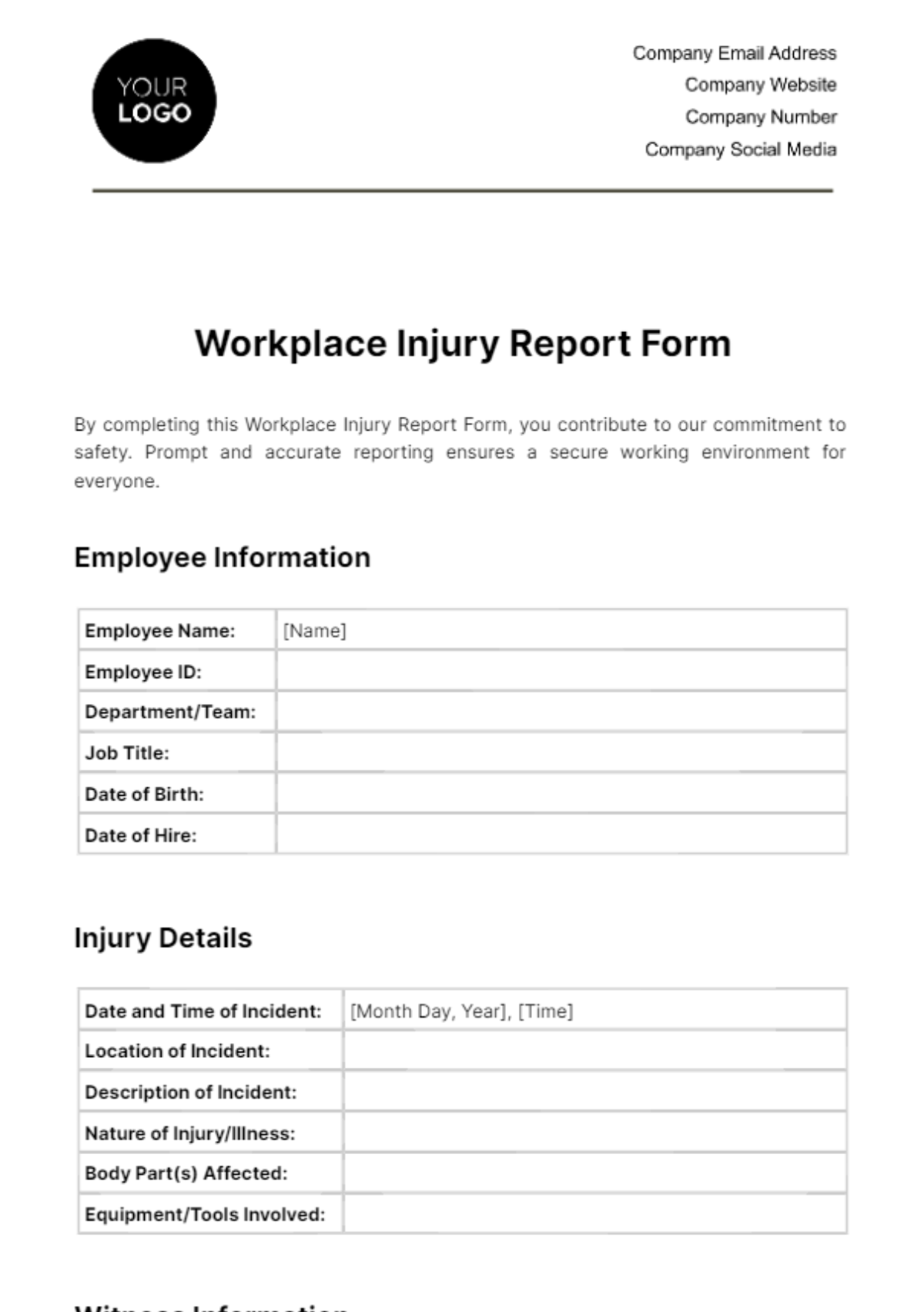 Workplace Injury Report Form Template
