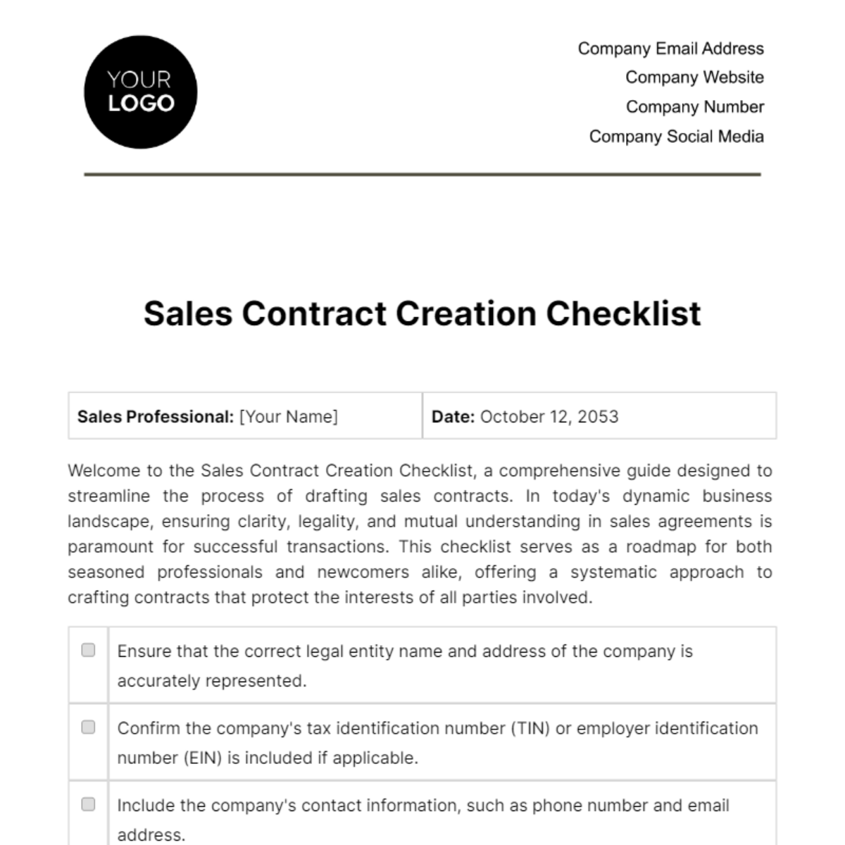 Free Sales Contract Creation Checklist Template
