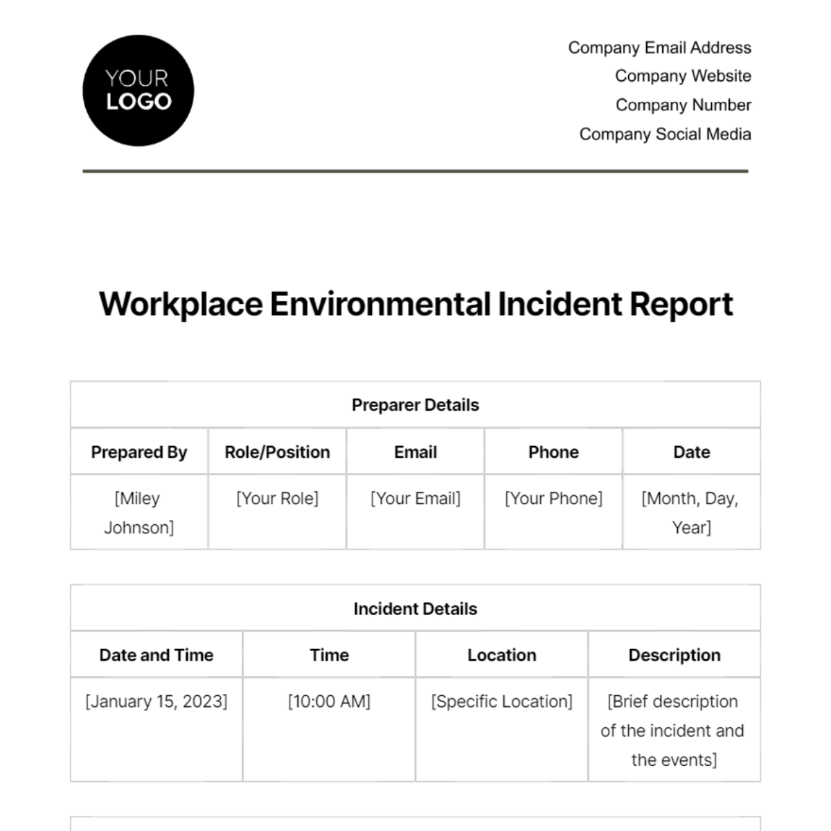 Workplace Environmental Incident Report Template