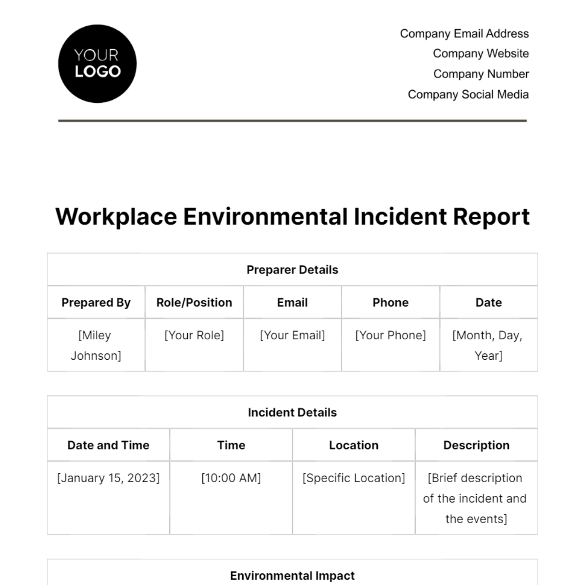 Free Workplace Environmental Incident Report Template