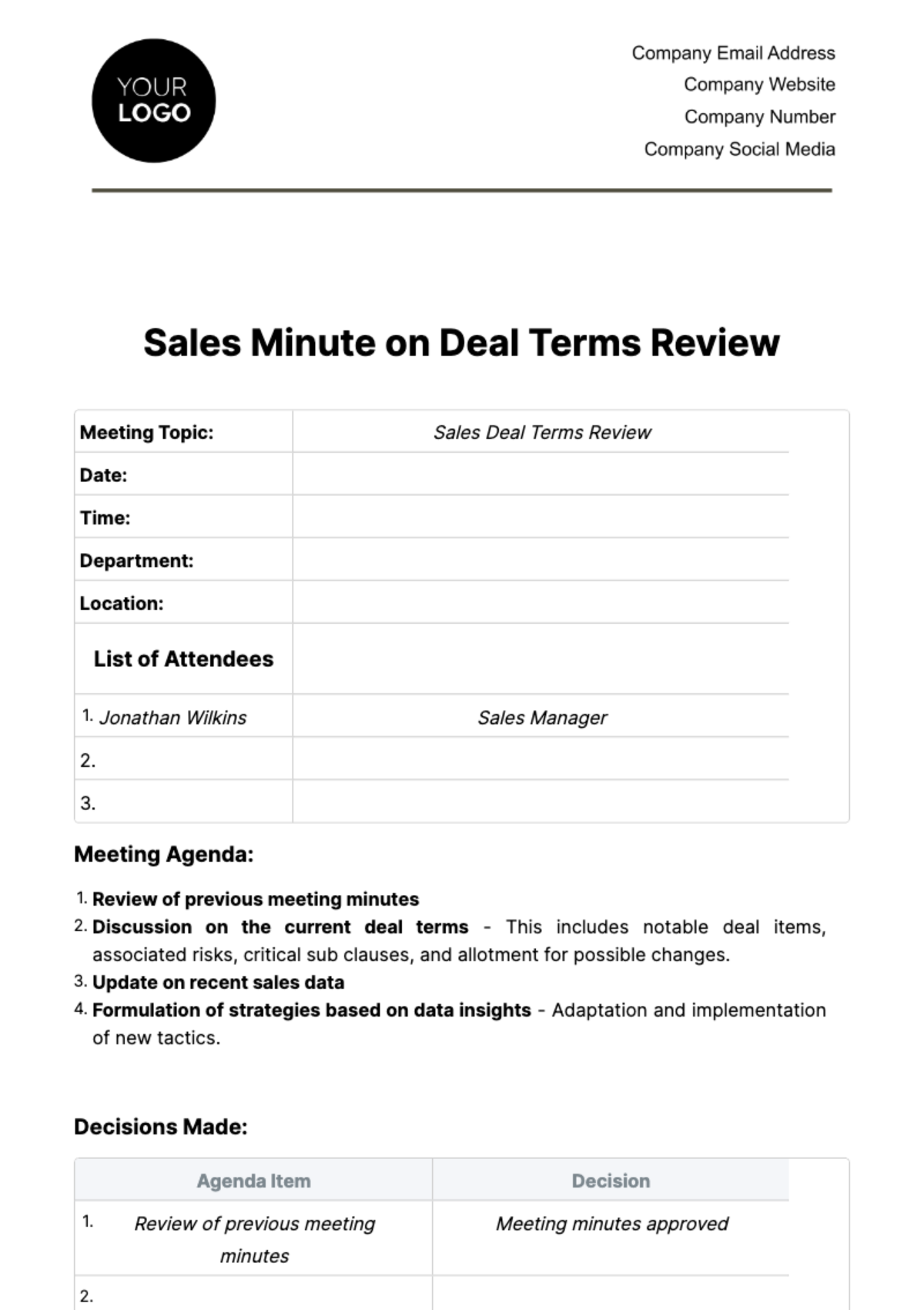 Free Sales Minute on Deal Terms Review Template