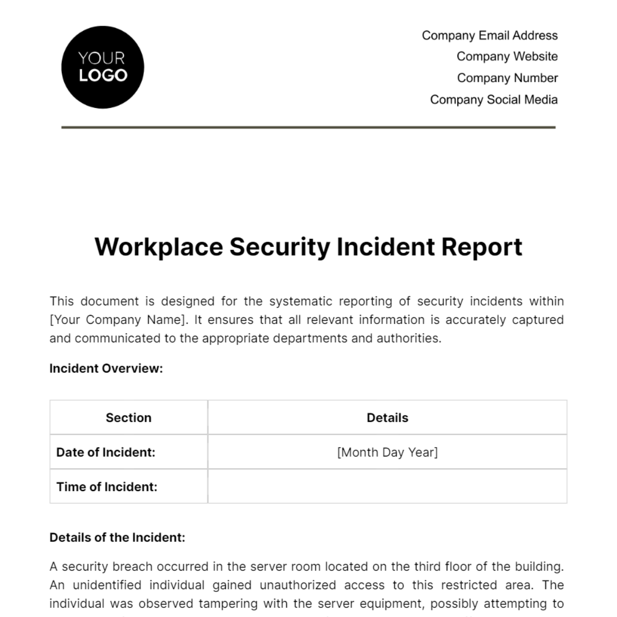 Free Workplace Security Incident Report Template