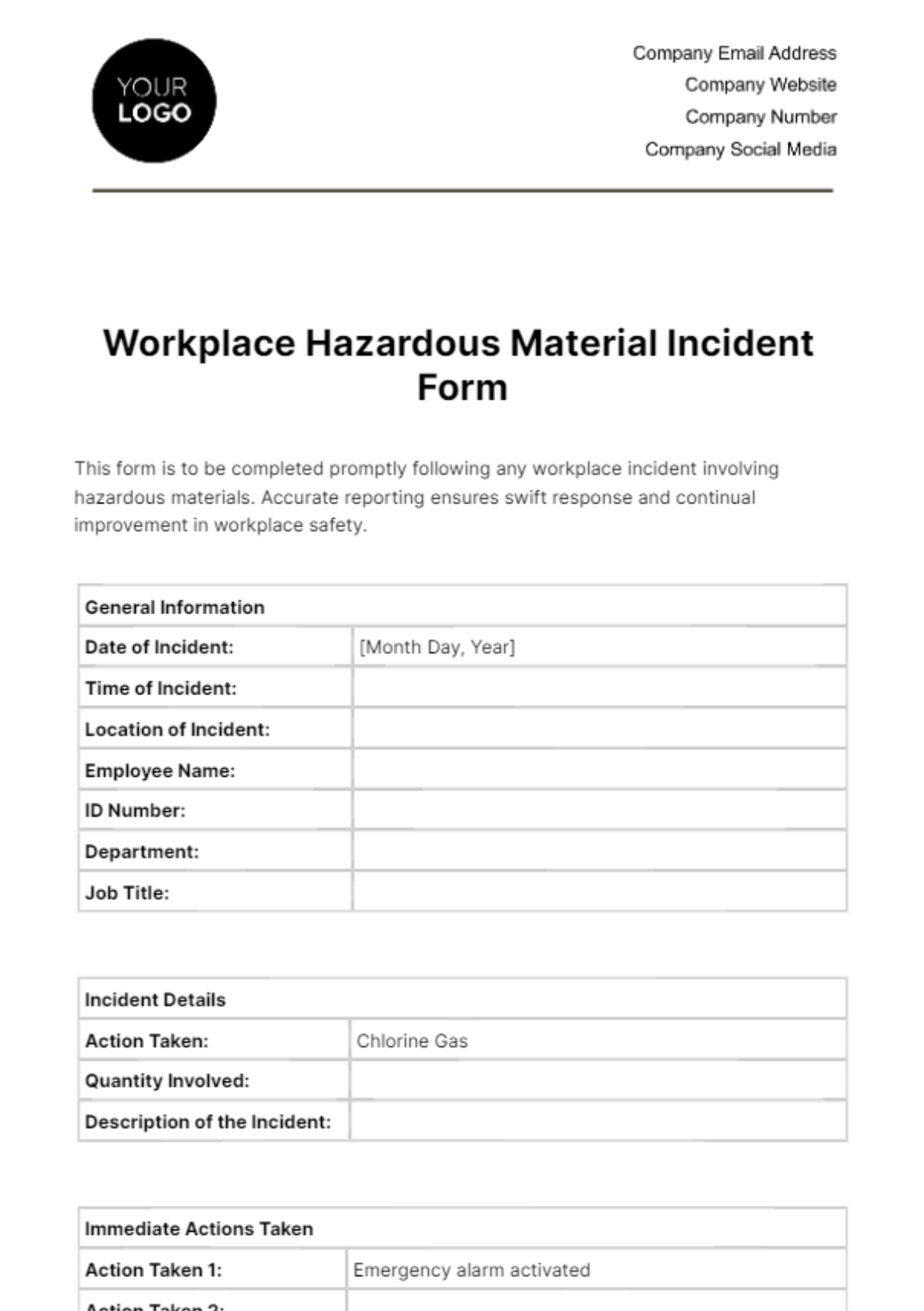 Workplace Hazardous Material Incident Form Template