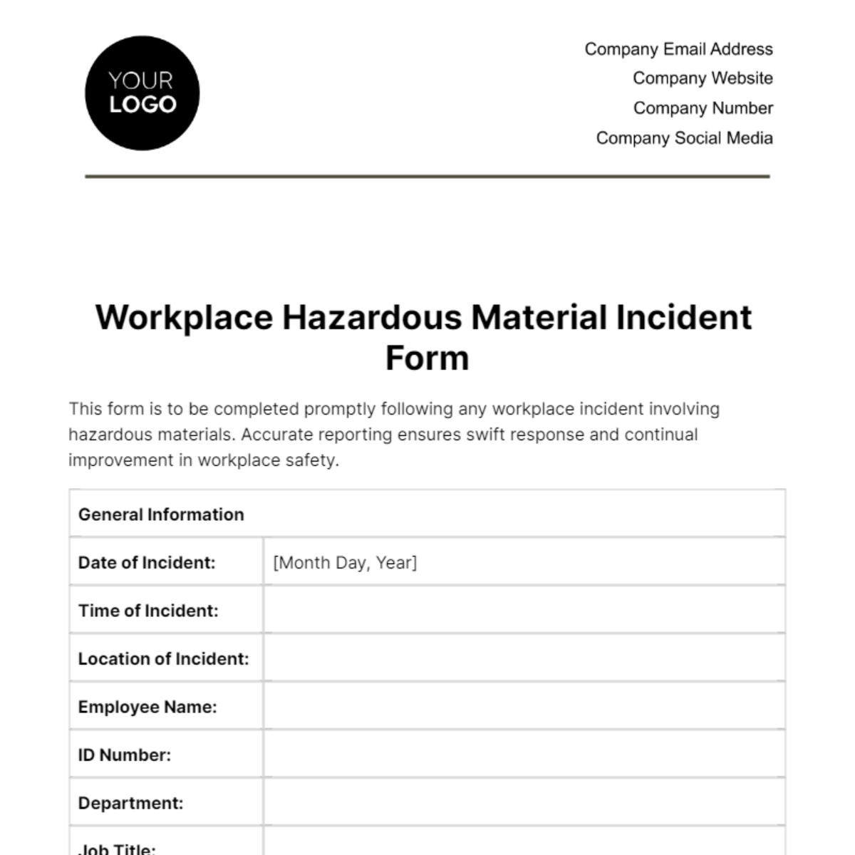 Free Workplace Hazardous Material Incident Form Template