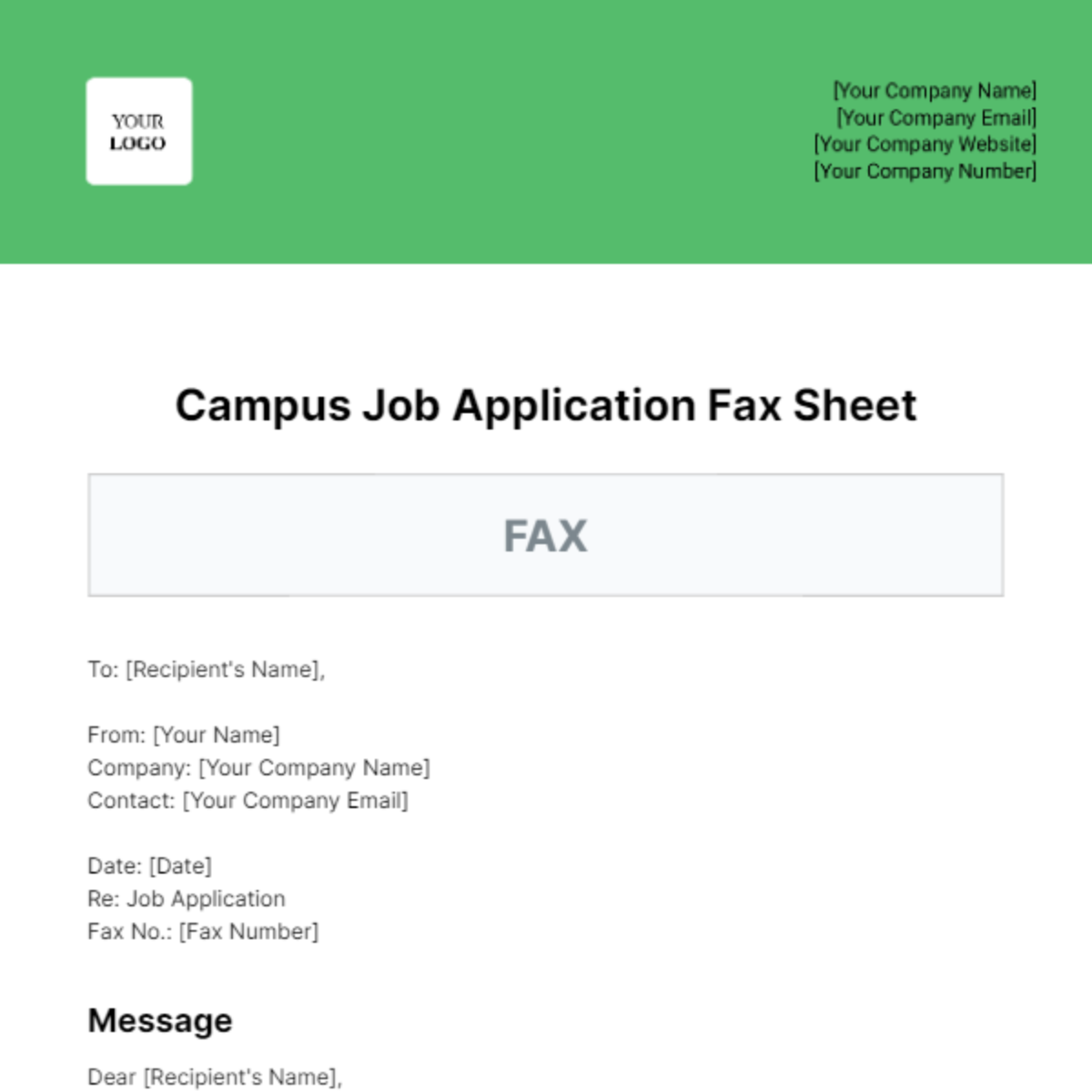Campus Job Application Fax Sheet Template