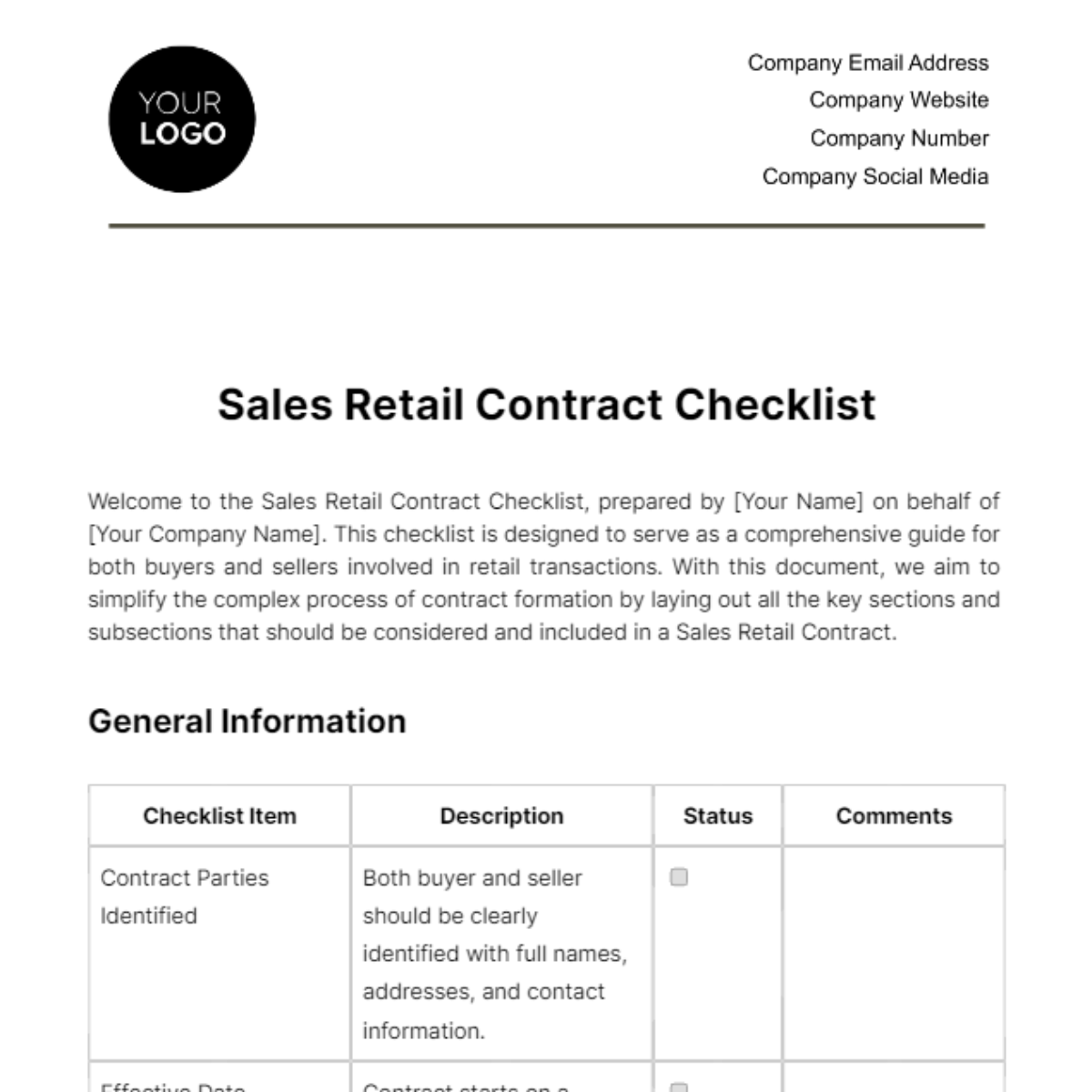 Sales Retail Contract Checklist Template