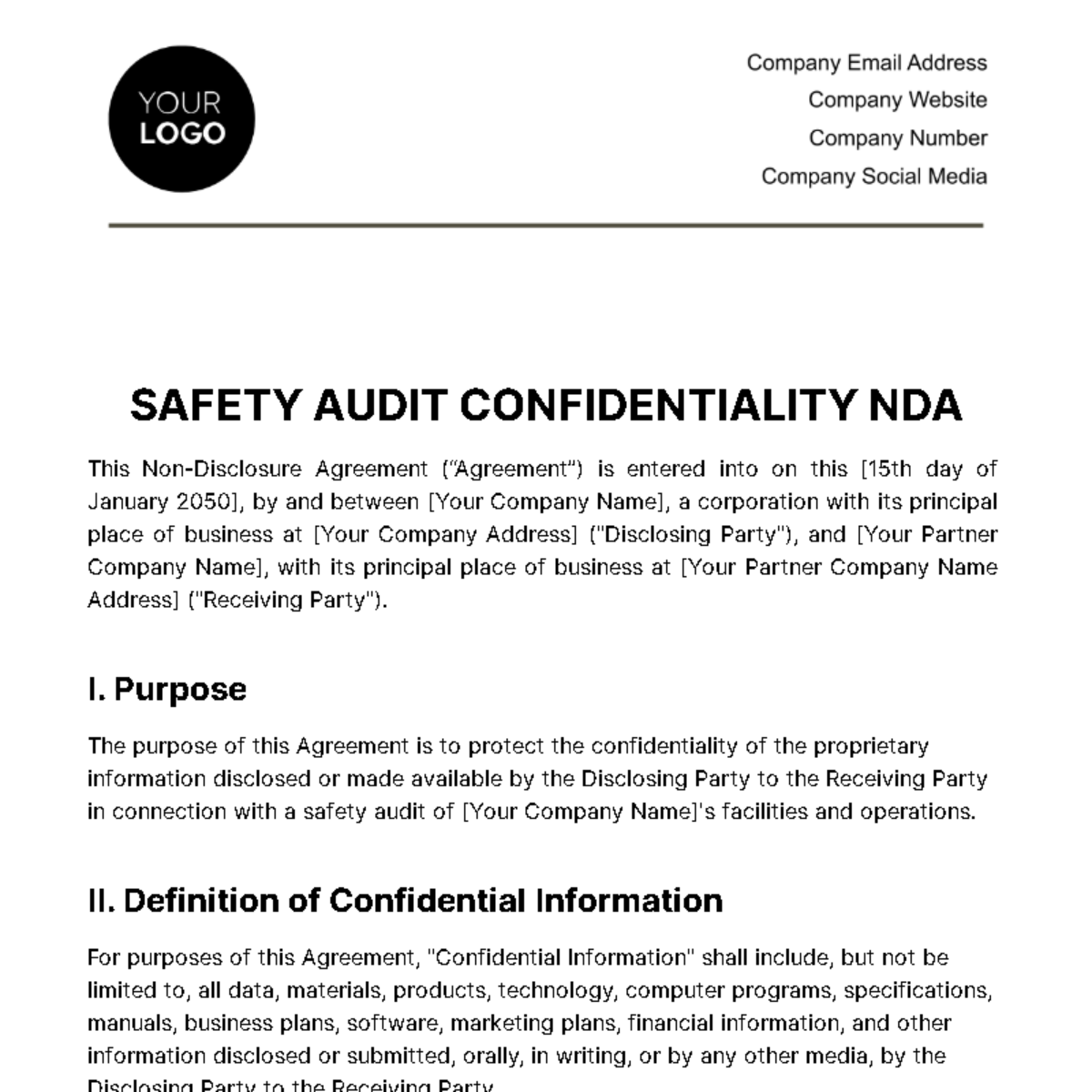 Free Safety Audit Confidentiality NDA Template