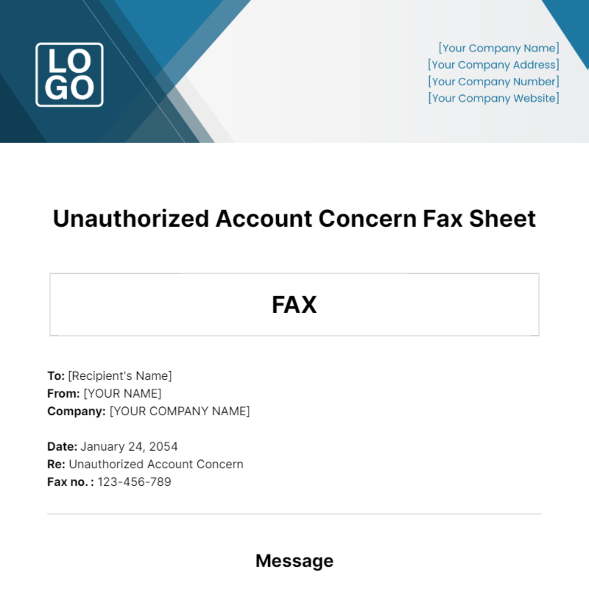 Free Unauthorized Account Concern Fax Sheet Template
