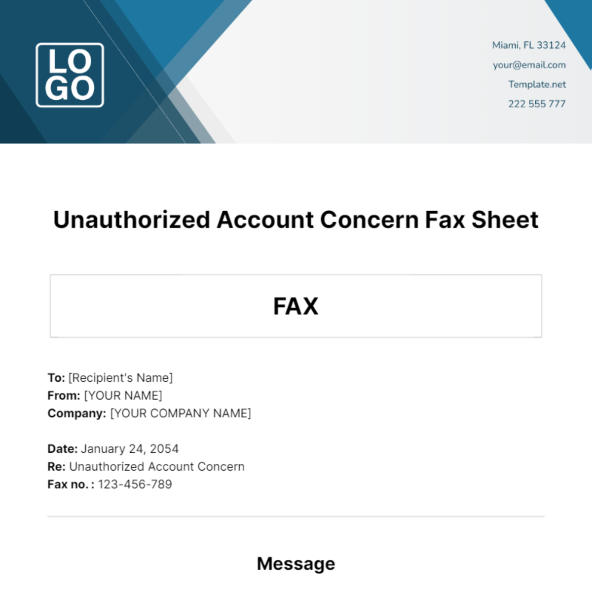 Unauthorized Account  Concern Fax Sheet Template - Edit Online & Download