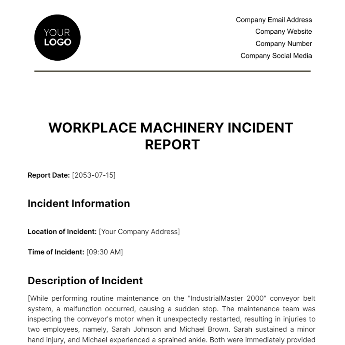 Free Workplace Machinery Incident Report Template