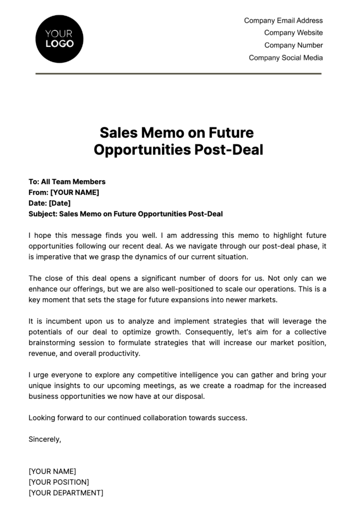 Sales Memo on Future Opportunities Post-Deal Template