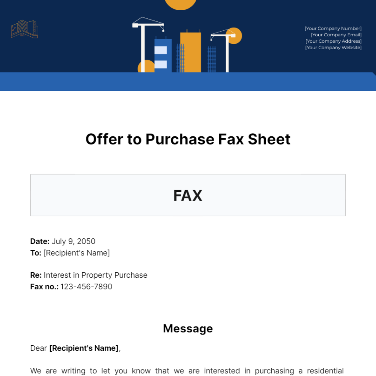 Offer to Purchase Fax Sheet Template