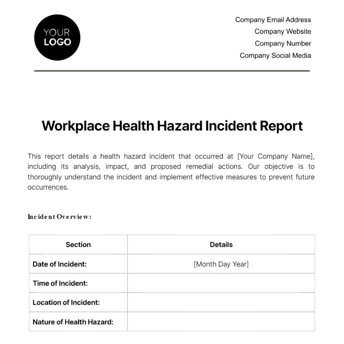 Workplace Health Hazard Incident Report Template