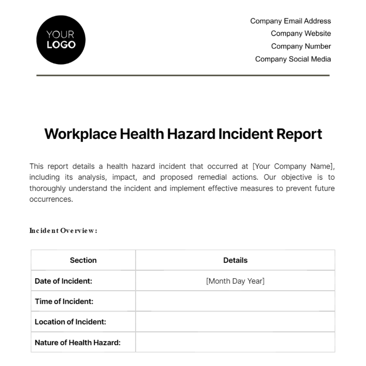 Workplace Health Hazard Incident Report Template - Edit Online & Download