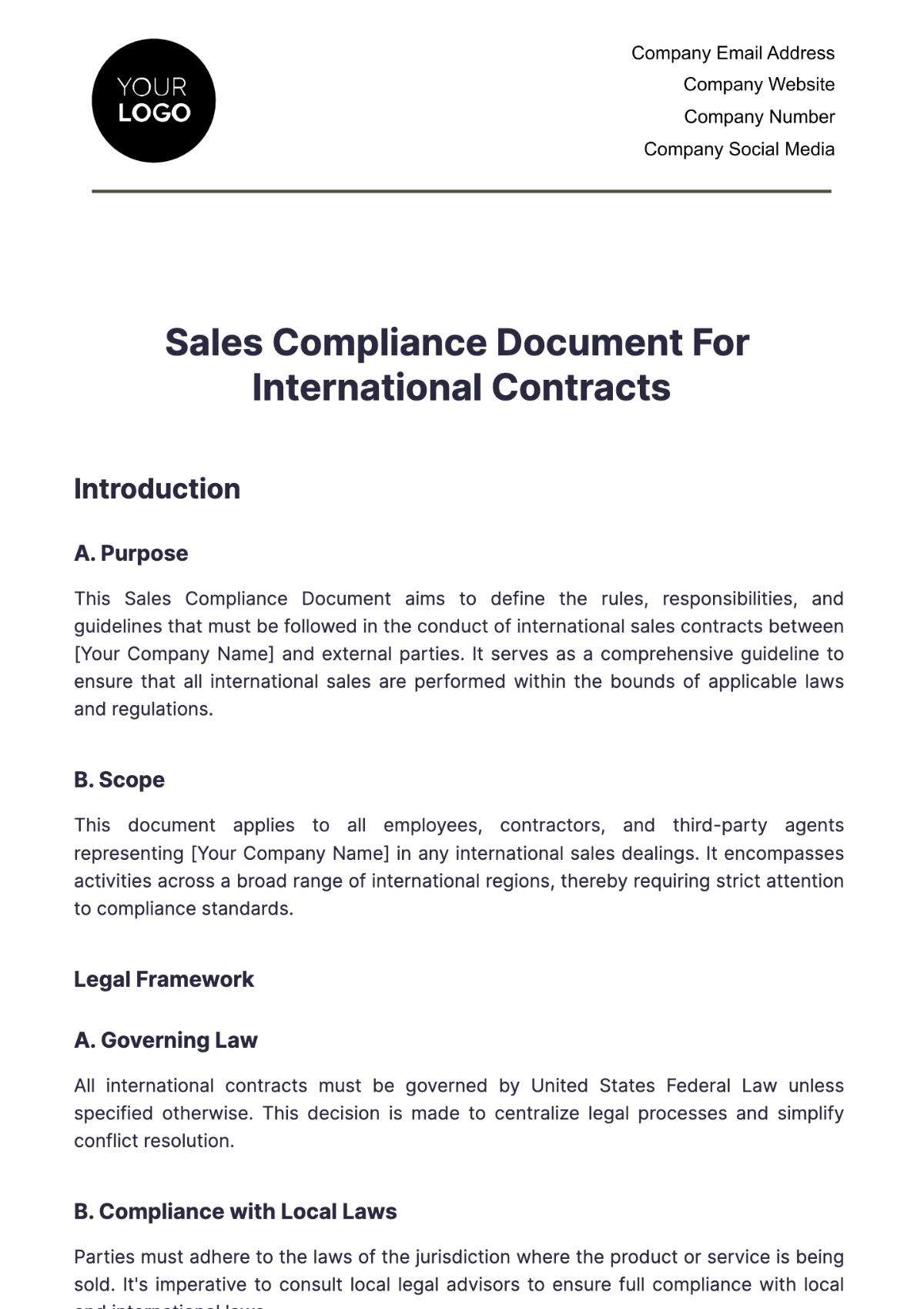 Sales Compliance Document for International Contracts Template - Edit Online & Download