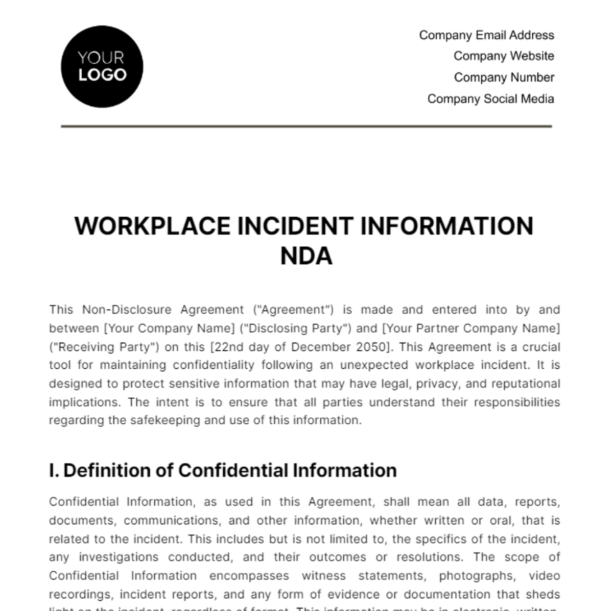 Free Workplace Incident Information NDA Template