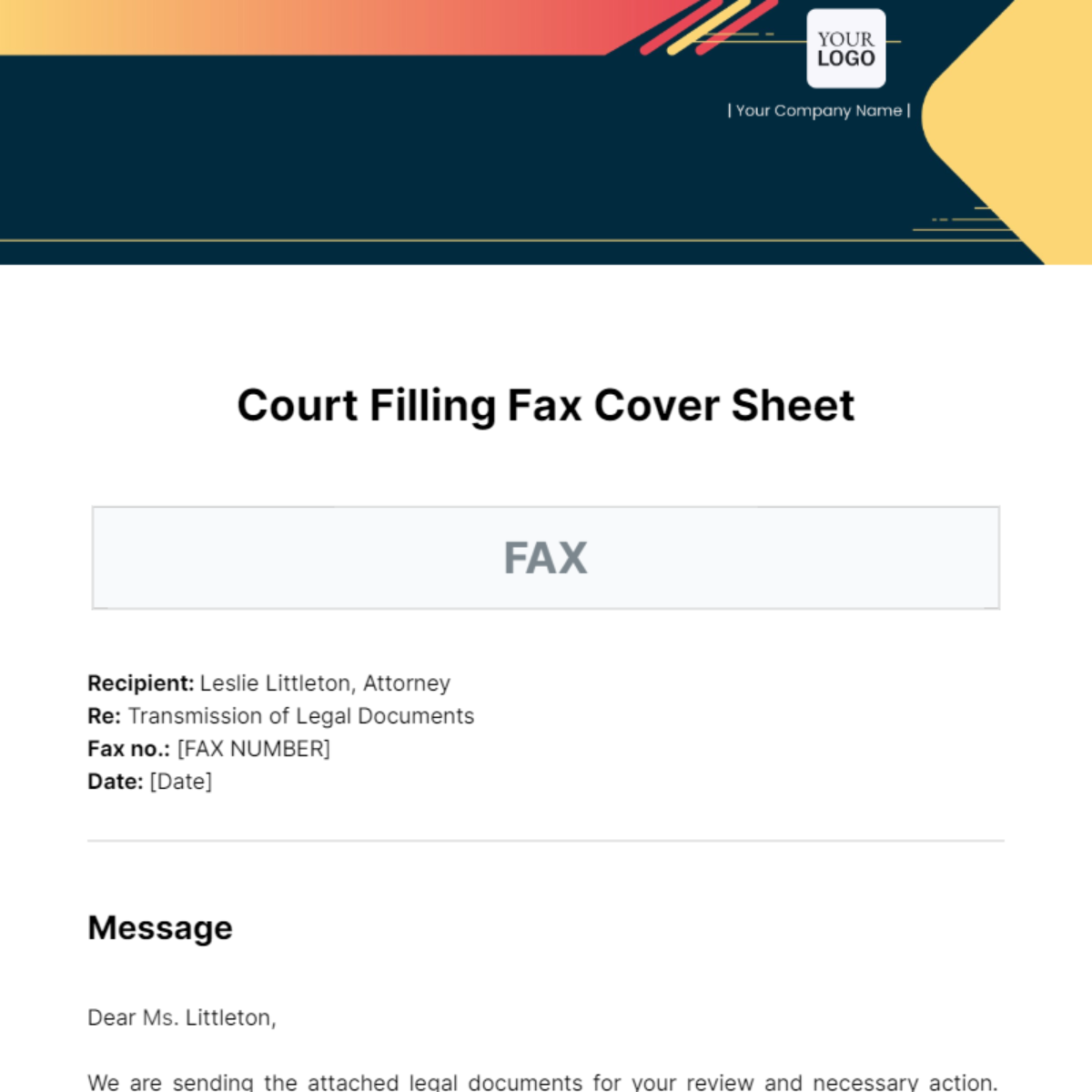 Court Filling Fax Cover Sheet Template