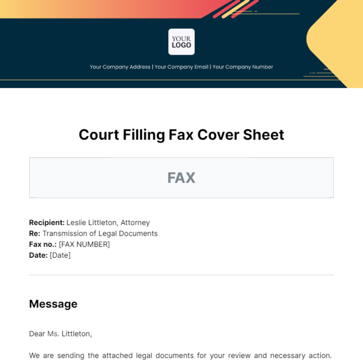 Free Court Filling Fax Cover Sheet Template