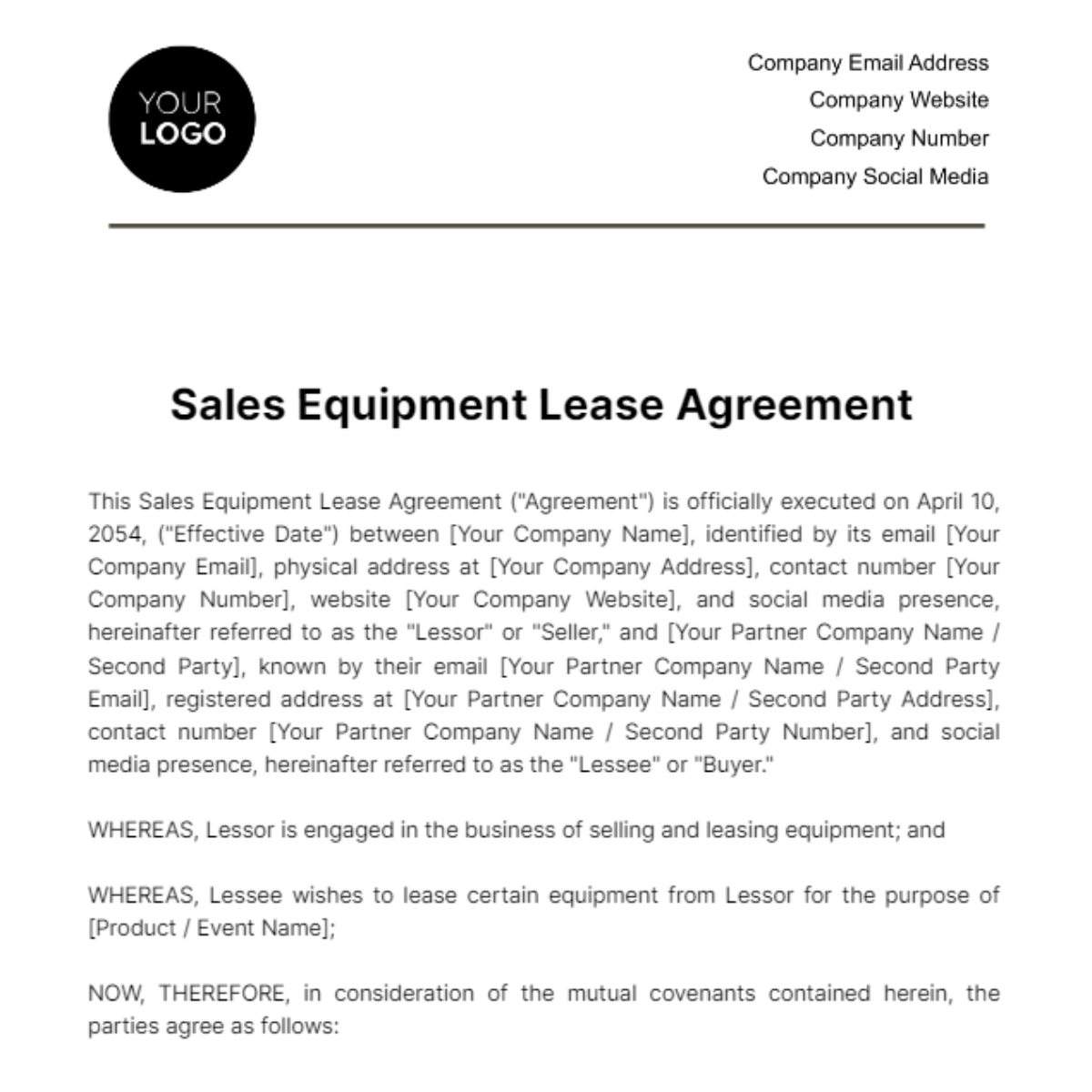 Free Sales Equipment Lease Agreement Template