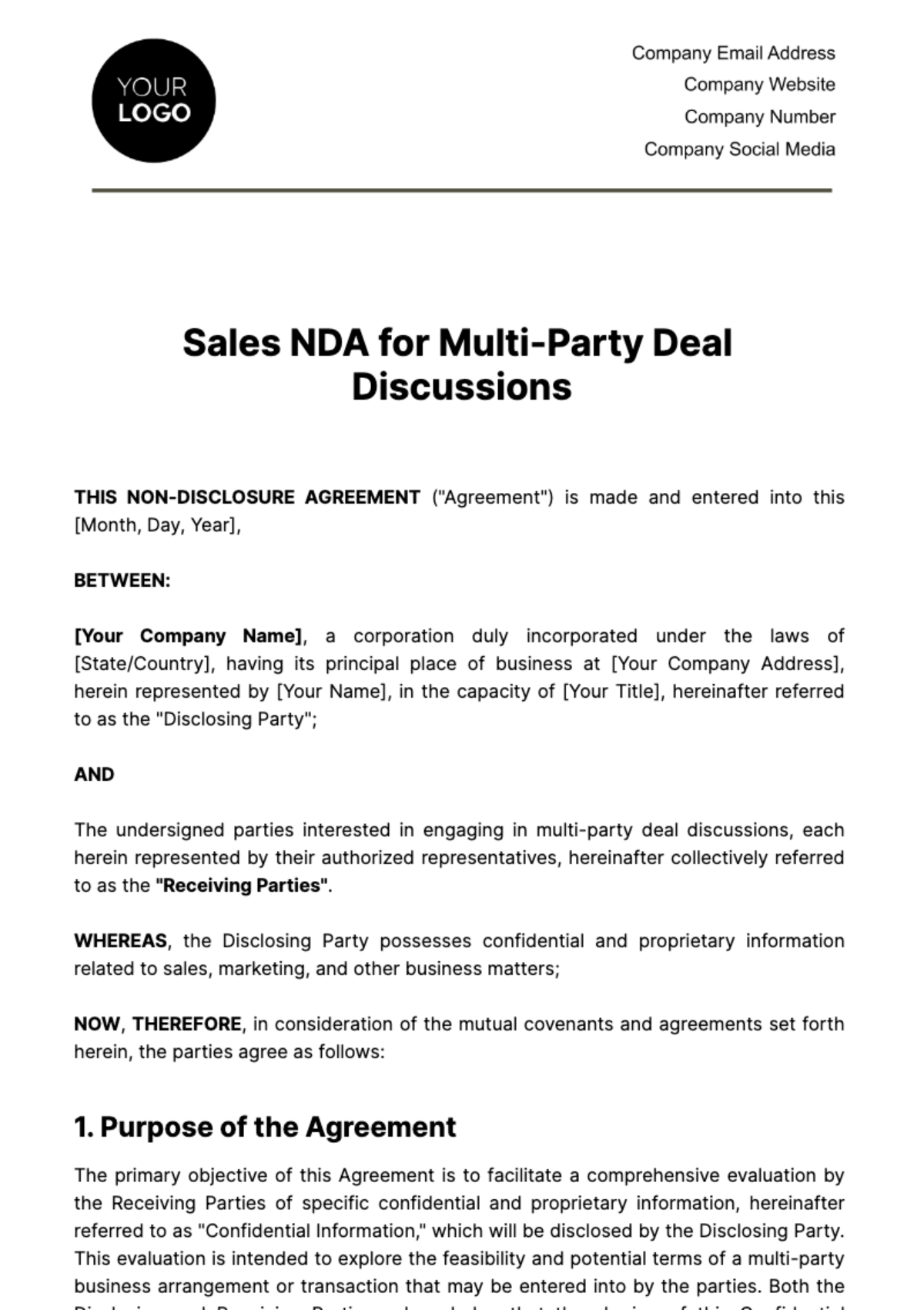 Free Sales NDA for Multi-Party Deal Discussions Template