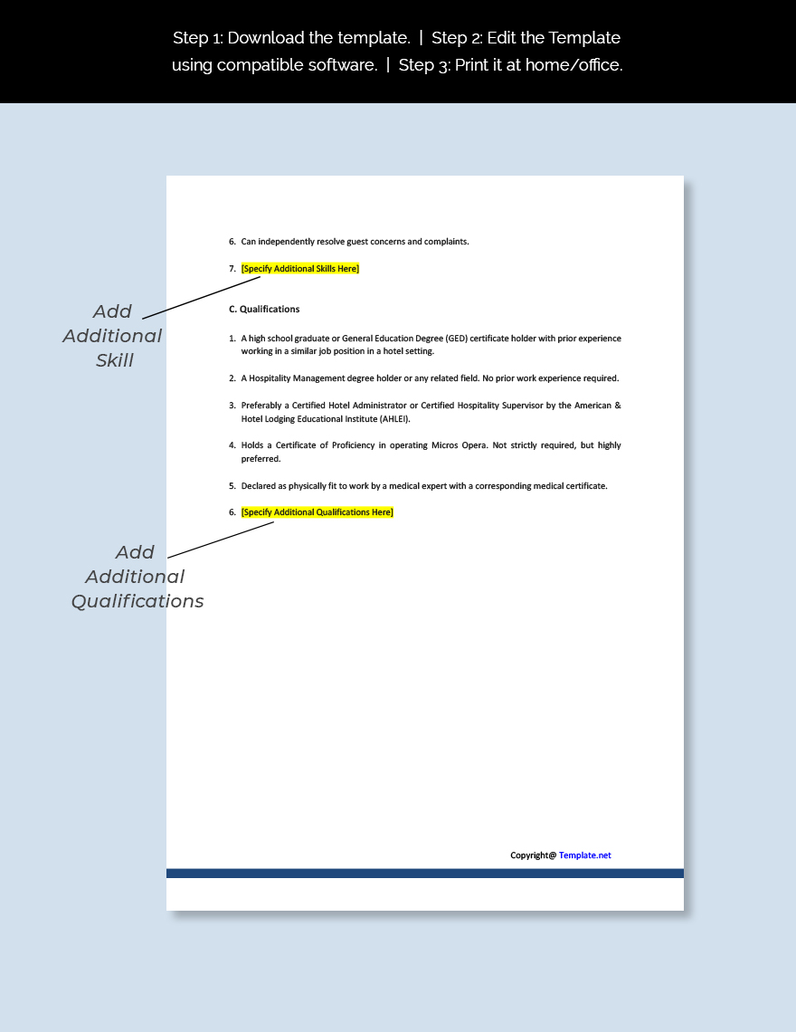 Free Hotel Front Desk Clerk Job Description Template - Google Docs, Word,  Apple Pages | Template.net