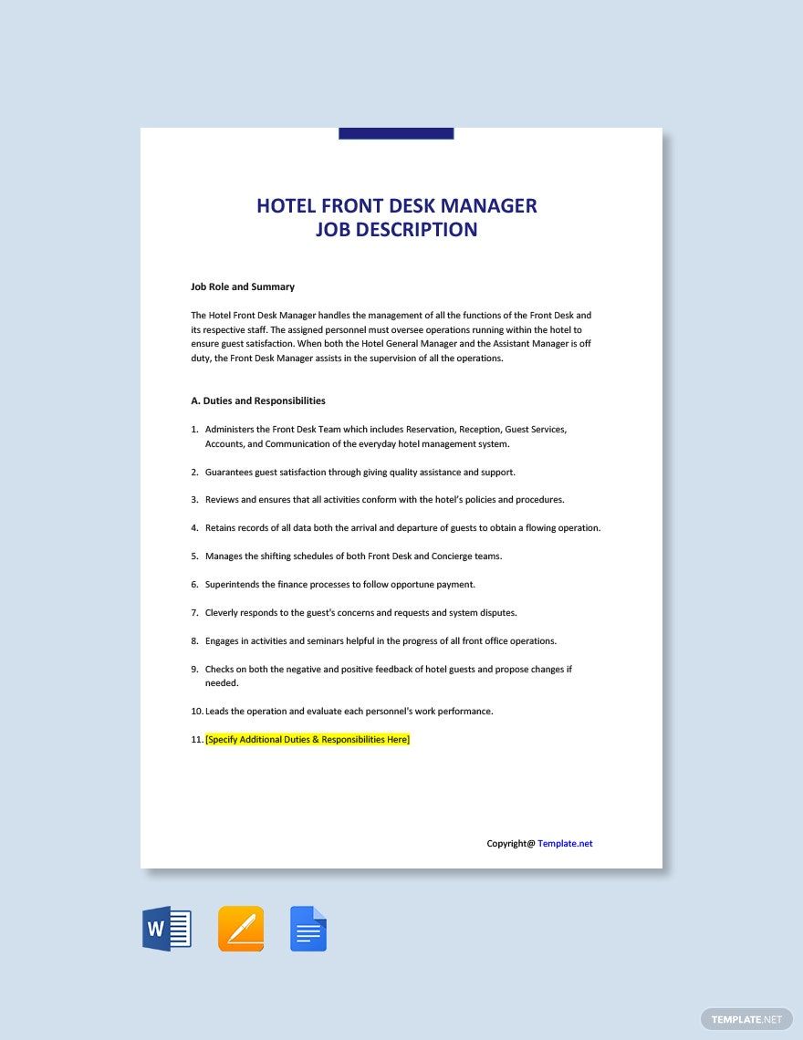 Hotel Front Desk Manager Job Ad/Description Template