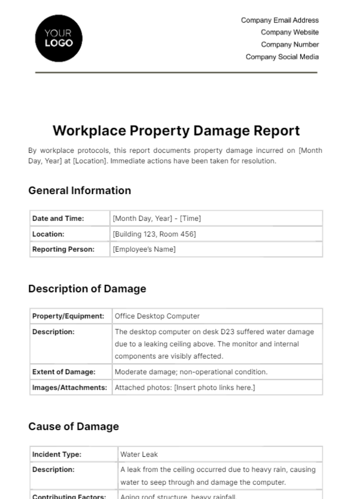 Free Workplace Property Damage Report Template
