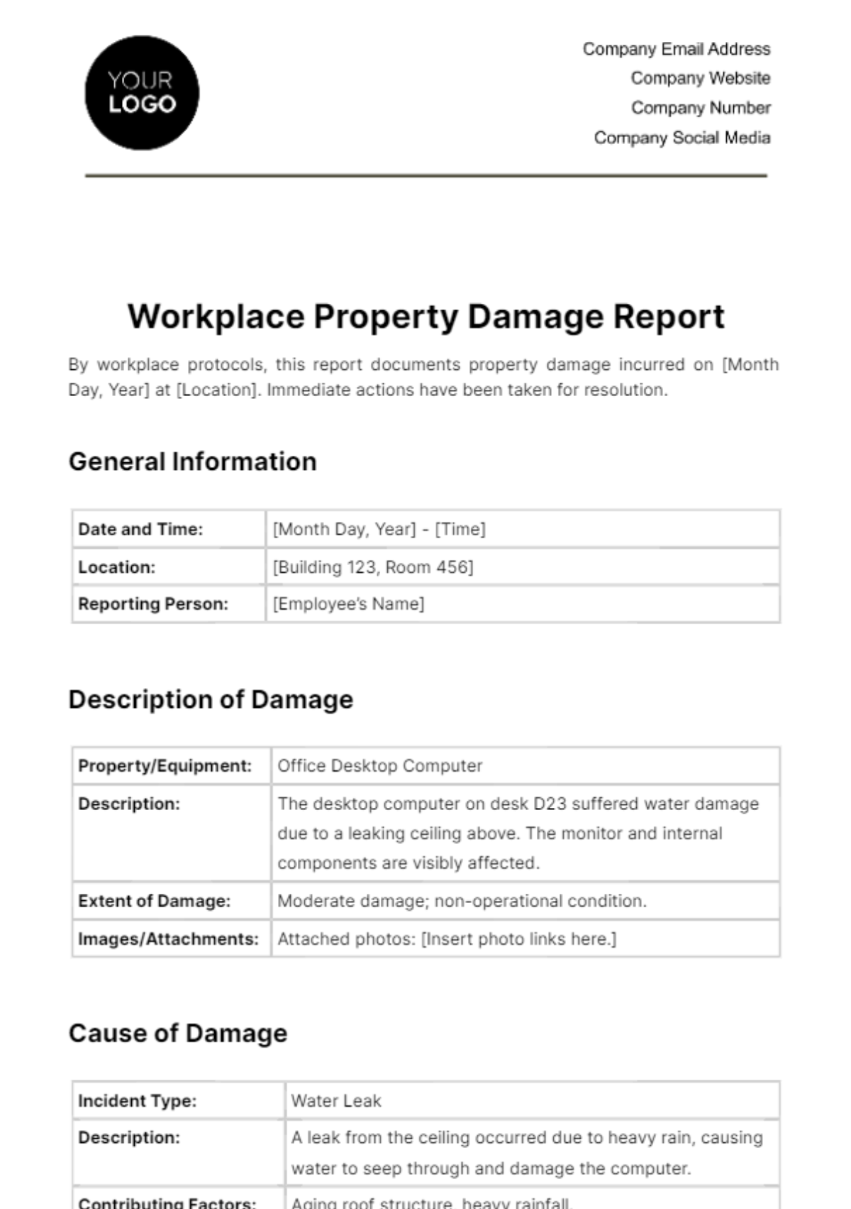 Workplace Property Damage Report Template