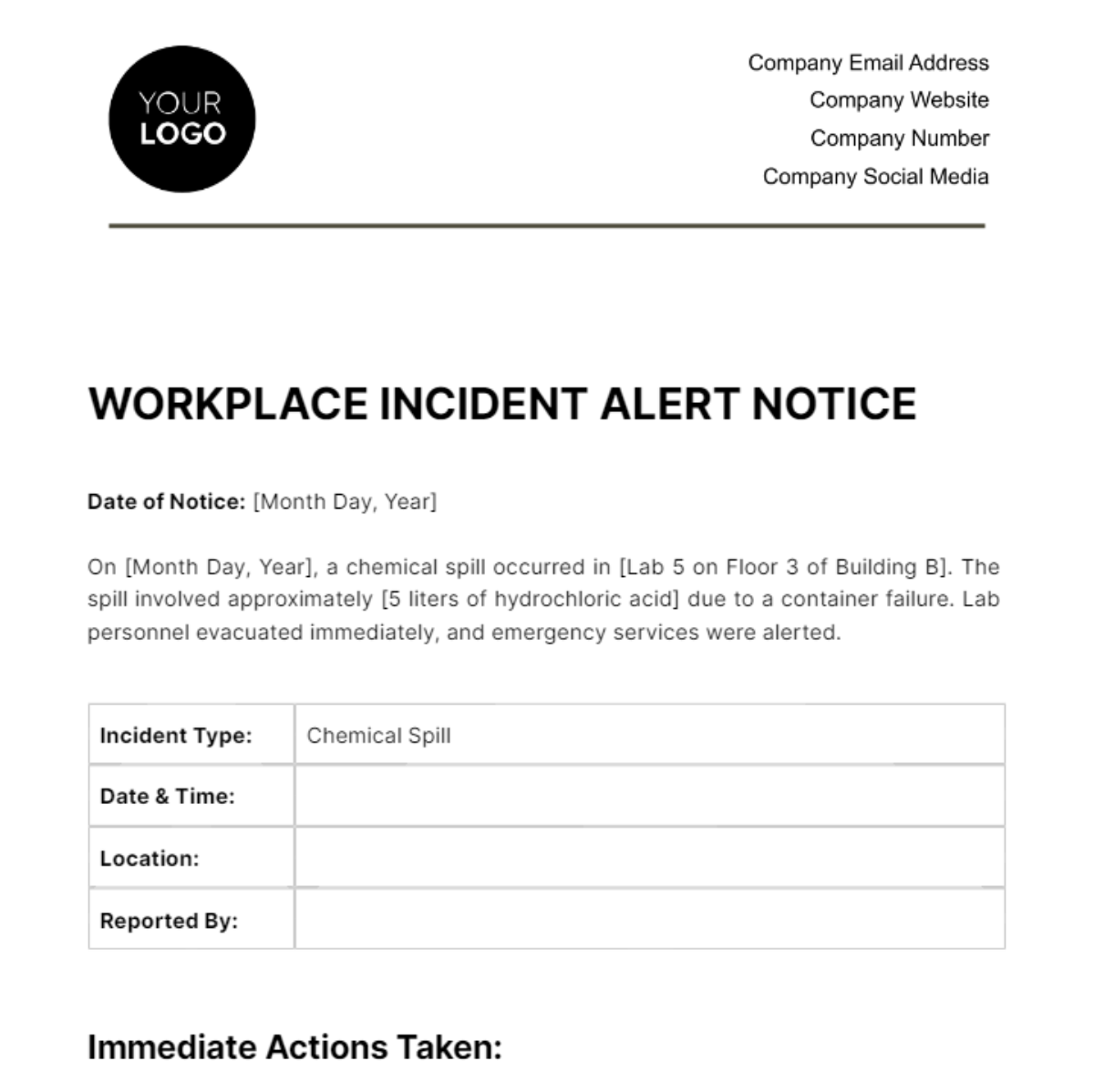 Workplace Incident Alert Notice Template