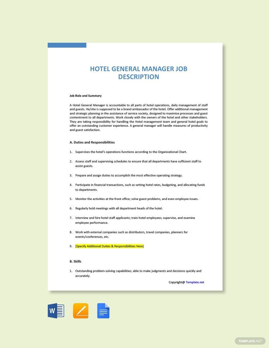 Hotel General Manager Job Ad/Description Template