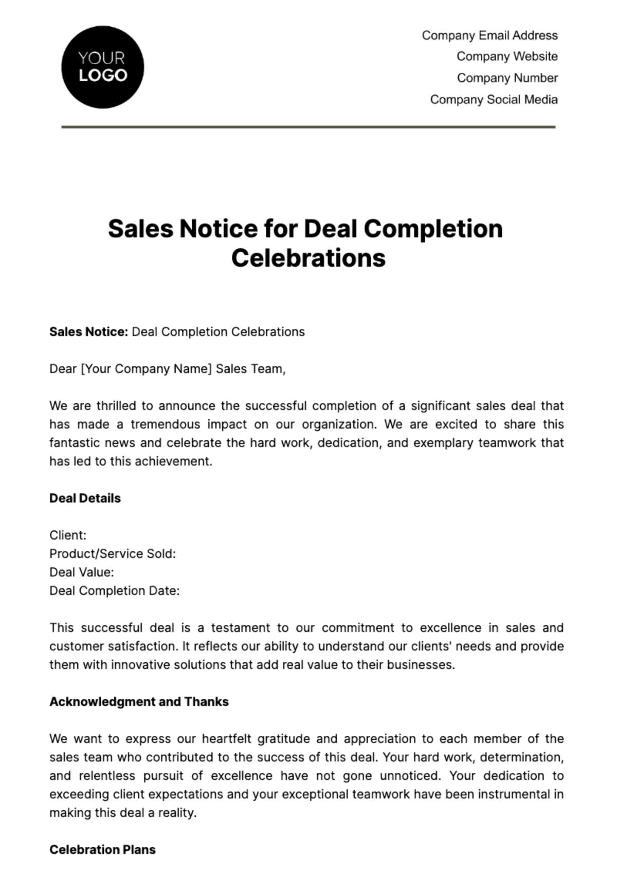 Free Sales Notice for Deal Completion Celebrations Template