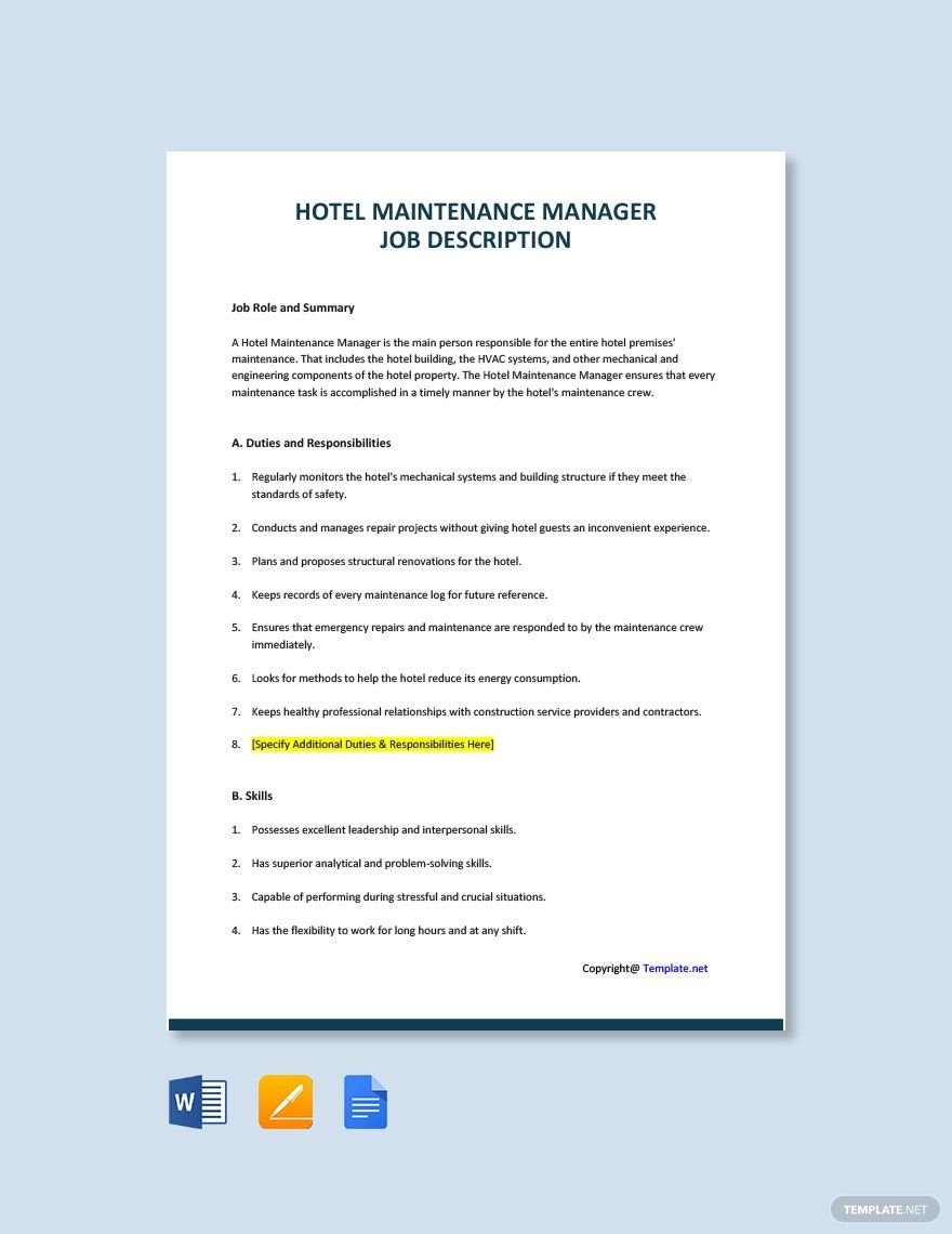 Hotel Maintenance Manager Job Ad/Description Template