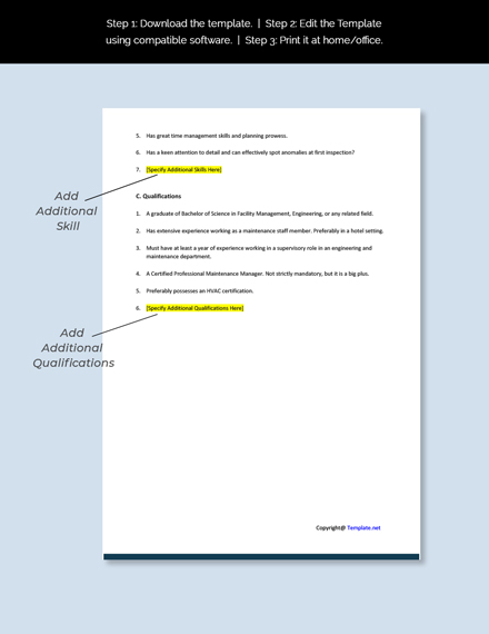 Hotel Maintenance Manager Job Ad Description Template Google Docs Word Template