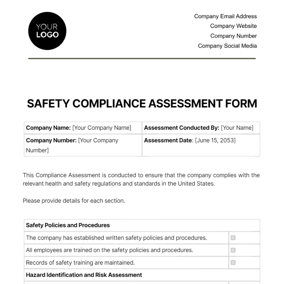 Safety Compliance Assessment Form Template