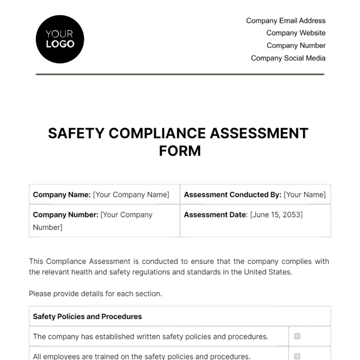 Free Safety Compliance Assessment Form Template